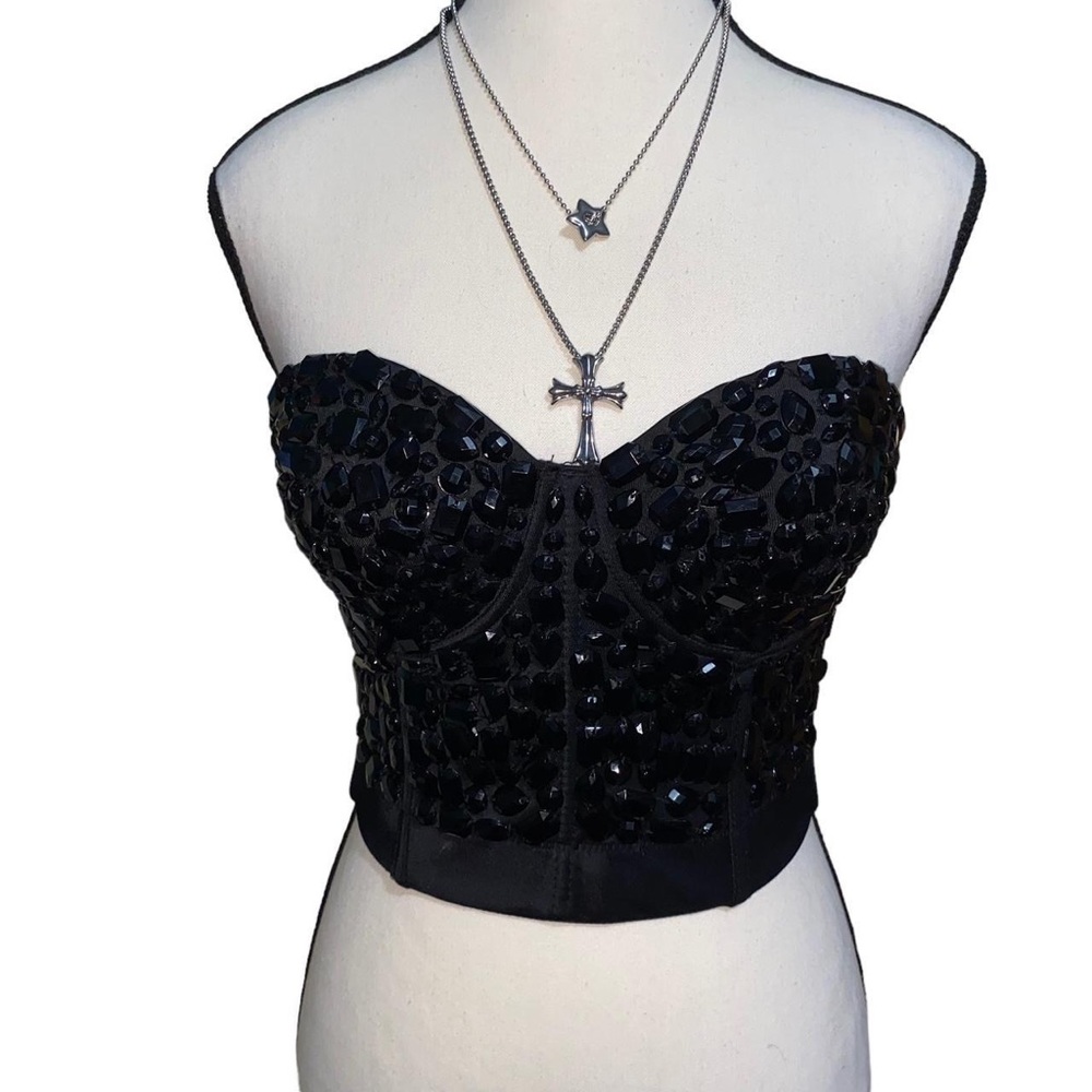 Y2k Beaded Black Corset Top ⋆｡‧₊°♱༺𓆩❦︎𓆪༻♱༉‧₊˚.